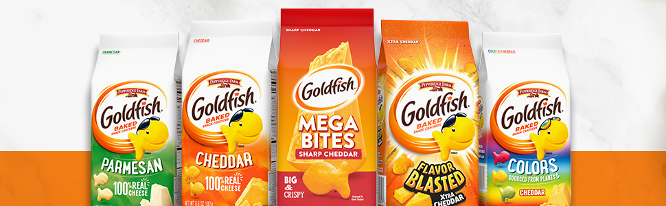 Goldfish Parmesan, Goldfish Cheddar, Mega Bites, Goldfish Flavor Blasted, Goldfish Colors 