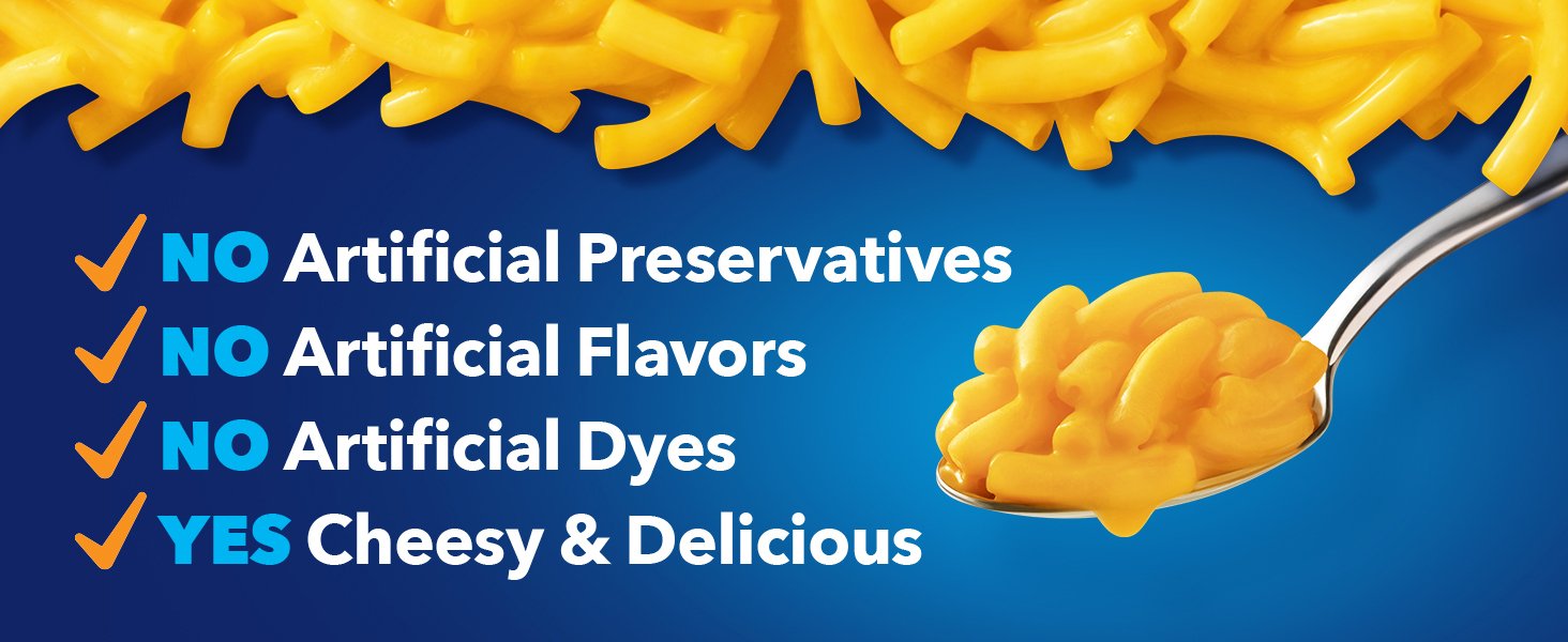 No artificial preservatives, flavors, or dyes. Yes cheesy and delicious.