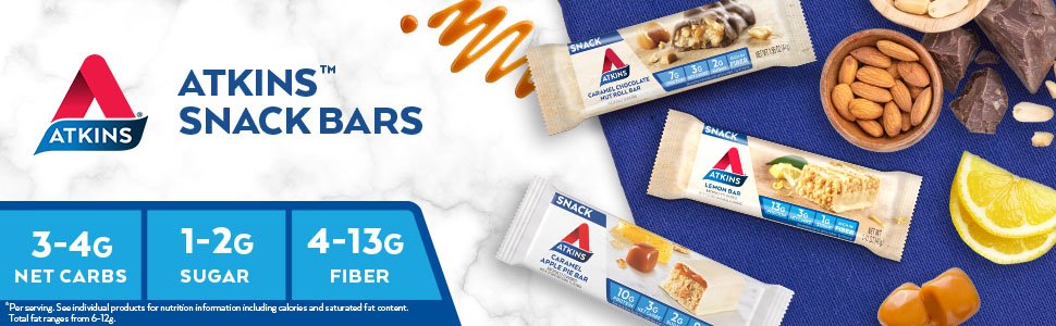 Image showing assortment of Atkins snack bars;  3-4g net carbs, 1-2g sugar, 4-13g fiber